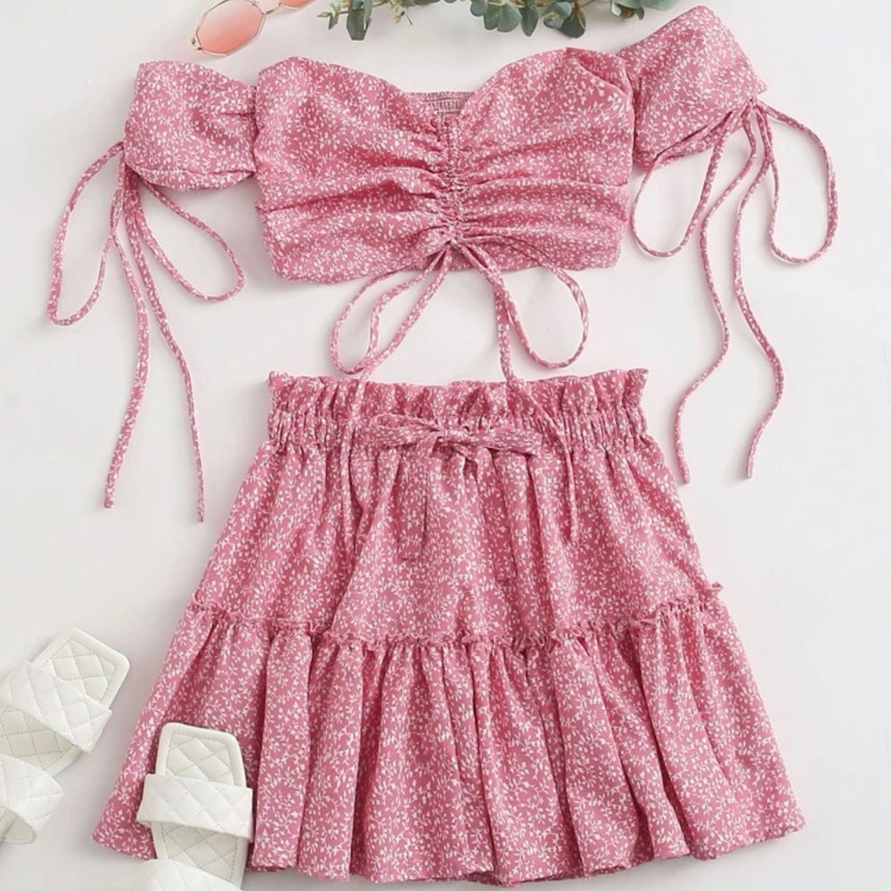 Pink and White crop skirt set